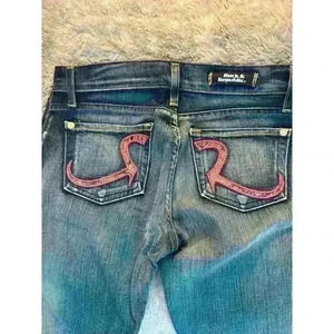 Rock & Republic Pink Snakeskin R Pocket Frayed Flare Jeans - size 26